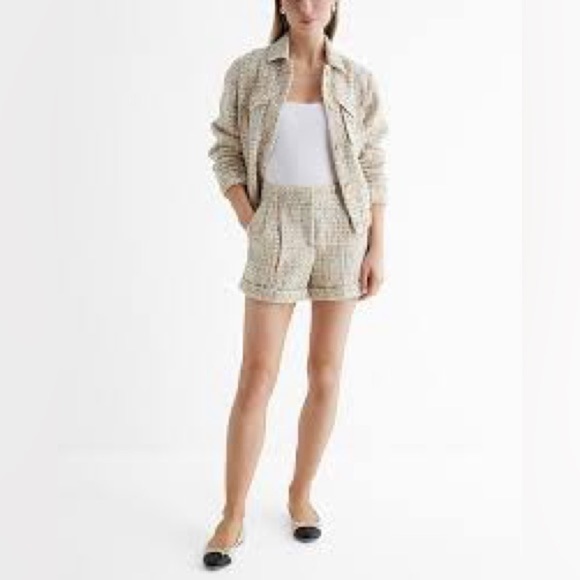 None Jackets & Blazers - Sequin Tweed Novelty Button Cropped Bomber Jacket and shorts set